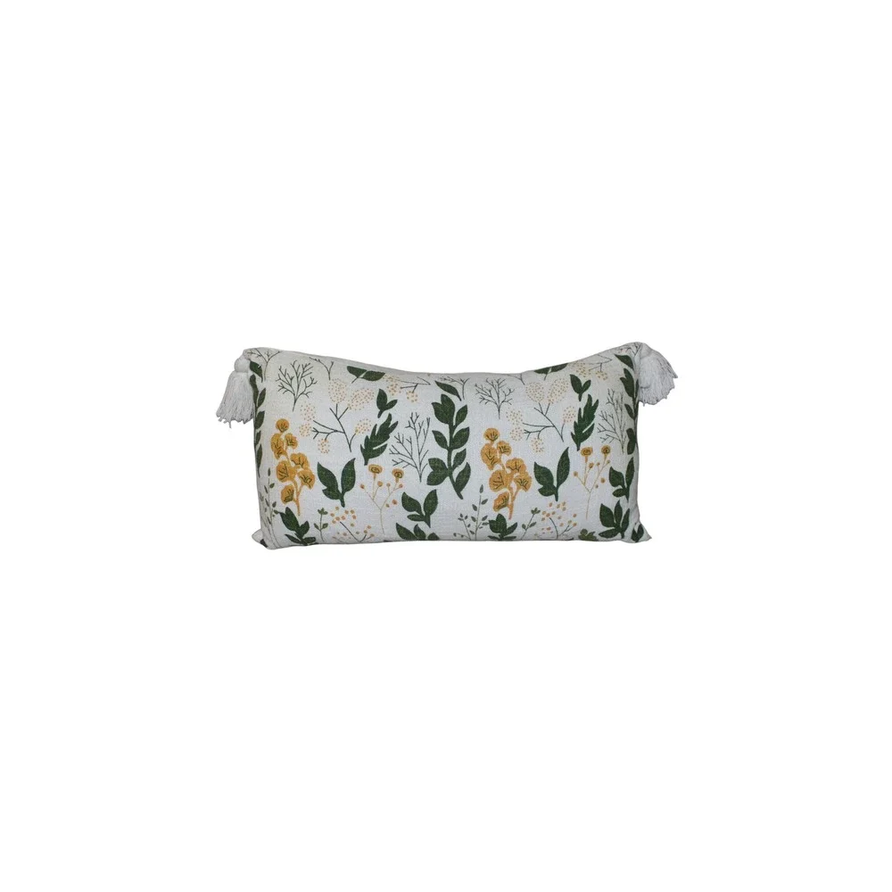 Decorative Botanical Throw Pillow‎ 22.5x12  Green & Gold with Tasse